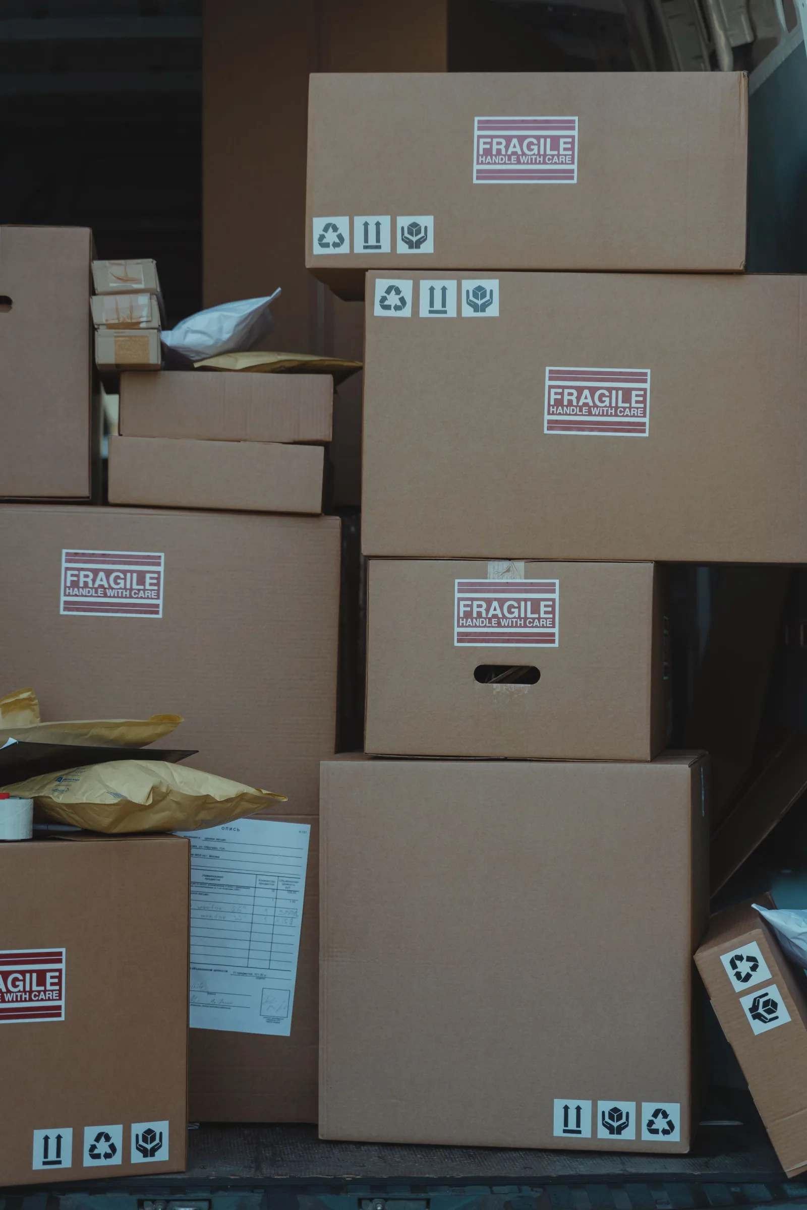 Stacked cardboard shipping boxes with 'Fragile' labels